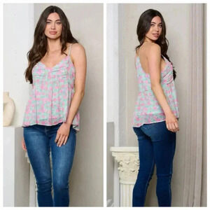 NWOT Peach Love Classy Preppy floral tank top Blue And Pink